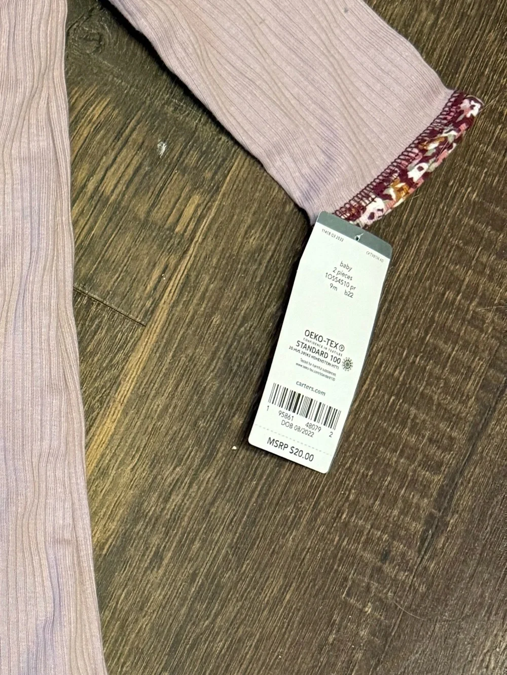 Carter's Dusty Mauve Ribbed Footed One-Piece with Floral Trim & Hat
